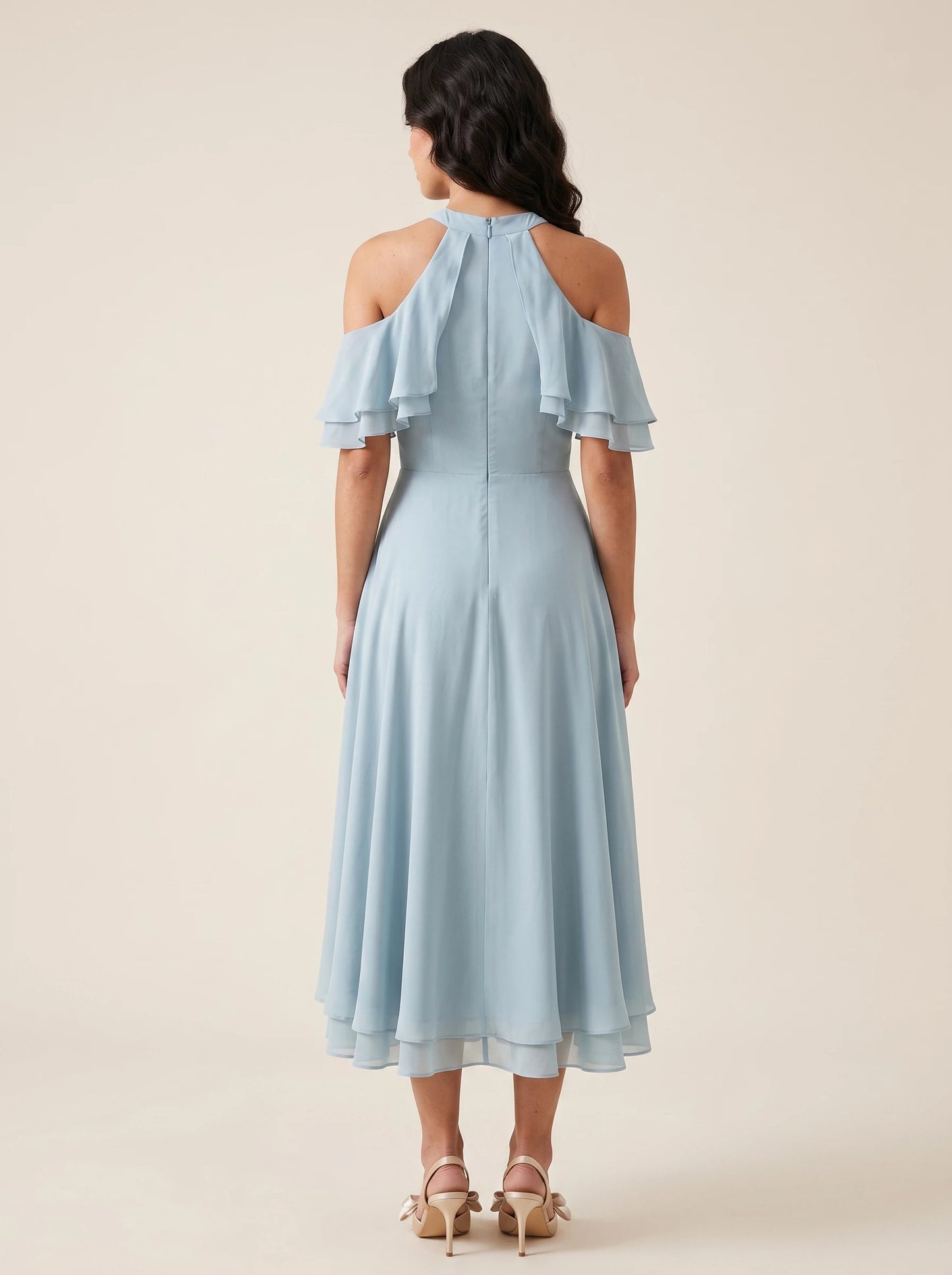 Sweet A-line Halter-neck Cold-shoulder Short-sleeve Zip-back Midi Homecoming Dress