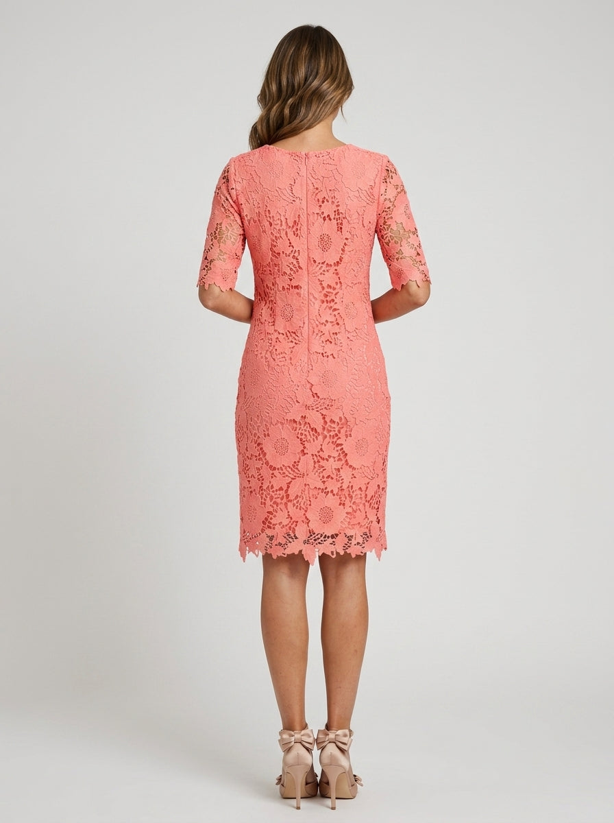 Coral Lace Sheath/column Scoop Neck Back Zip Knee-Length Dress