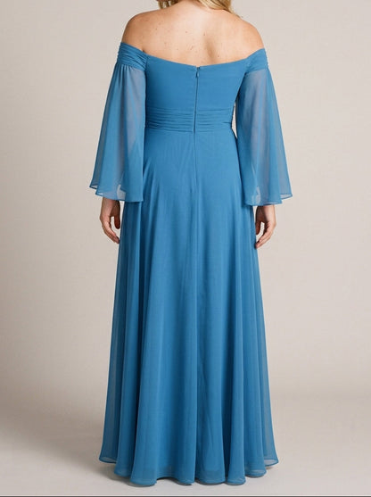 Graceful A-line Off-the-shoulder Bell-sleeve Zip-back Floor-length Plus Size Mother Of The Bride Dress