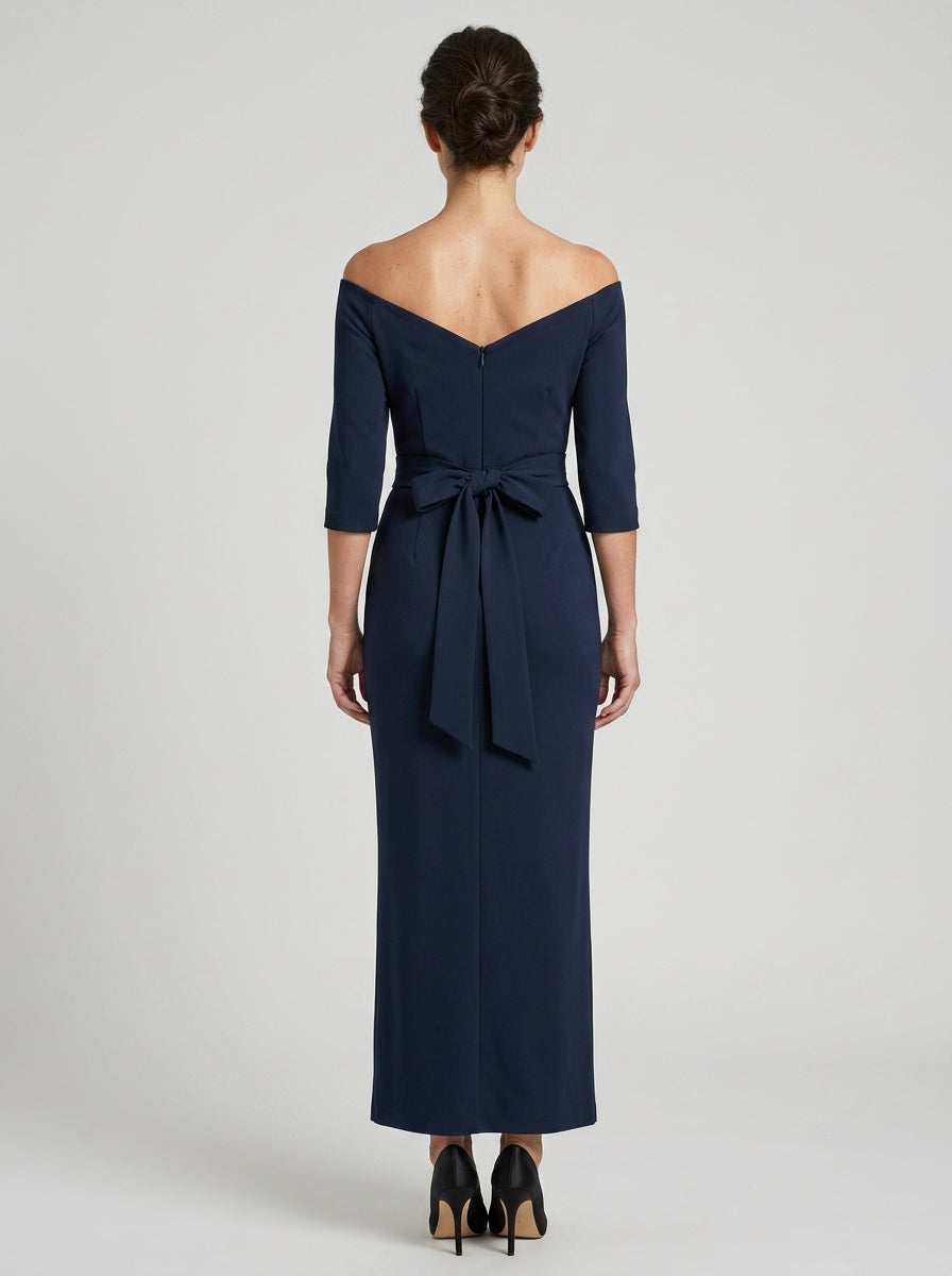 Sleek Sheath Off-the-shoulder Three-quarter-sleeve Solid-back Floor-length Mother Of The Bride Dress