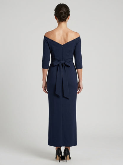 Sleek Sheath Off-the-shoulder Three-quarter-sleeve Solid-back Floor-length Mother Of The Bride Dress