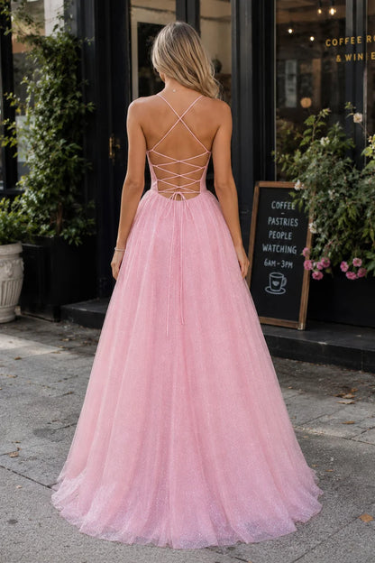 Pink Glitter Tulle A-Line Gown V Neck Spaghetti Straps Lace Up Back Prom Dress