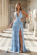 Light Blue Halter A-Line Glitter Prom Dress Deep V Tiered Ruffle Open Back Gown