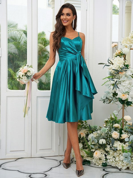 A-Line/Princess Woven Satin Ruffles Spaghetti Straps Sleeveless Knee-Length Bridesmaid Dresses