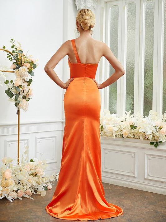 Sheath/Column Woven Satin Ruched One-Shoulder Sleeveless Sweep/Brush Train Bridesmaid Dresses
