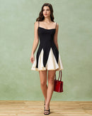 Black and Ivory Crepe a-line scoop-neck zipper-back mini Dress Front View - Aabei Dress
