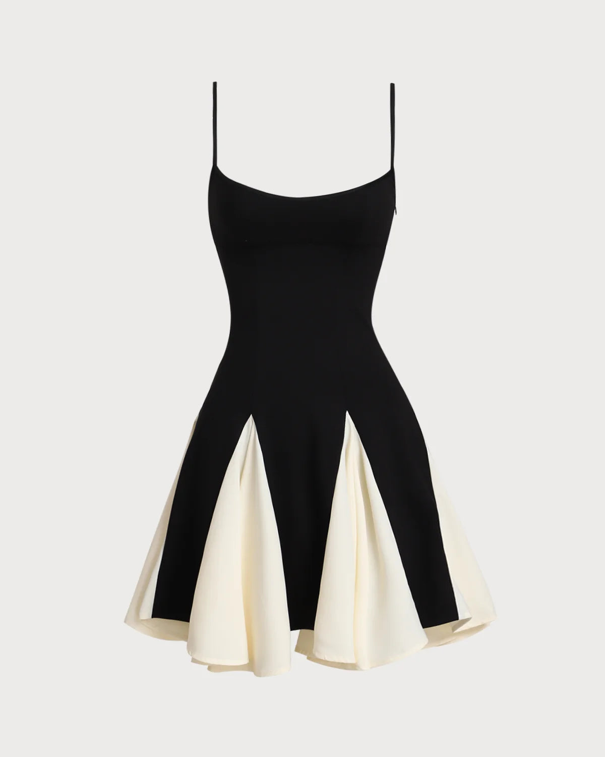 Black and Ivory Crepe a-line scoop-neck zipper-back mini Dress - Aabei Dress