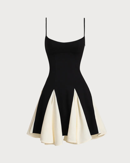 Black and Ivory Crepe a-line scoop-neck zipper-back mini Dress - Aabei Dress