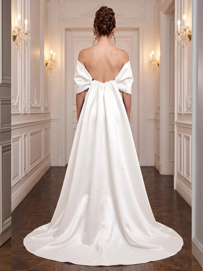 Black and Ivory Velvet and Satin Mermaid Off the Shoulder Floor Length Dress Back View - Aabei Dress