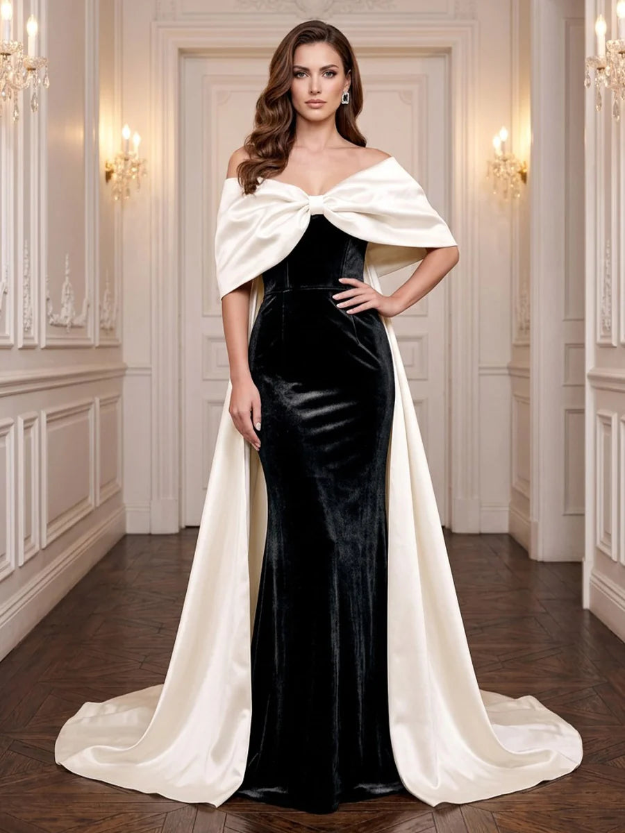 Black and Ivory Velvet and Satin Mermaid Off the Shoulder Floor Length Dress Front View - Aabei Dress
