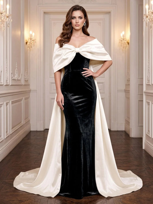 Black and Ivory Velvet and Satin Mermaid Off the Shoulder Floor Length Dress Front View - Aabei Dress