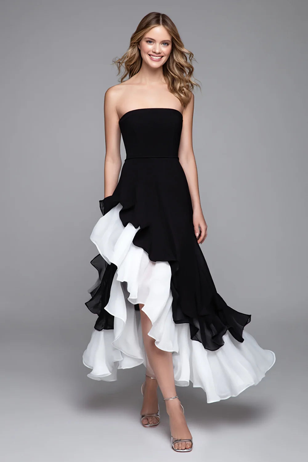 Black Chiffon a-line straight-across zipper-back high-low Dress Front View - Aabei Dress