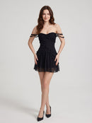 Black Chiffon A-Line Sweetheart Low Back Mini Dress Front View - Aabei Dress