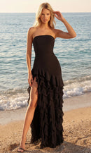 Black Chiffon Sheath Column Straight Across Zipper Back Floor Length Dress Front View - Aabei Dress
