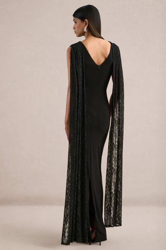 Black Crepe and Lace Sheath Column Cowl Neck V Back Floor Length Dress Back View - Aabei Dress