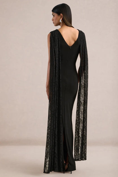 Black Crepe and Lace Sheath Column Cowl Neck V Back Floor Length Dress Back View - Aabei Dress