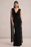 Black Crepe and Lace Sheath Column Cowl Neck V Back Floor Length Dress Front View - Aabei Dress