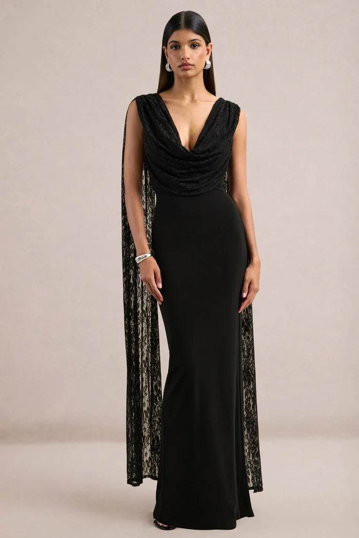 Black Crepe and Lace Sheath Column Cowl Neck V Back Floor Length Dress Front View - Aabei Dress