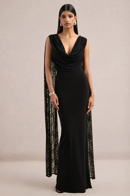 Black Crepe and Lace Sheath Column Cowl Neck V Back Floor Length Dress Front View - Aabei Dress