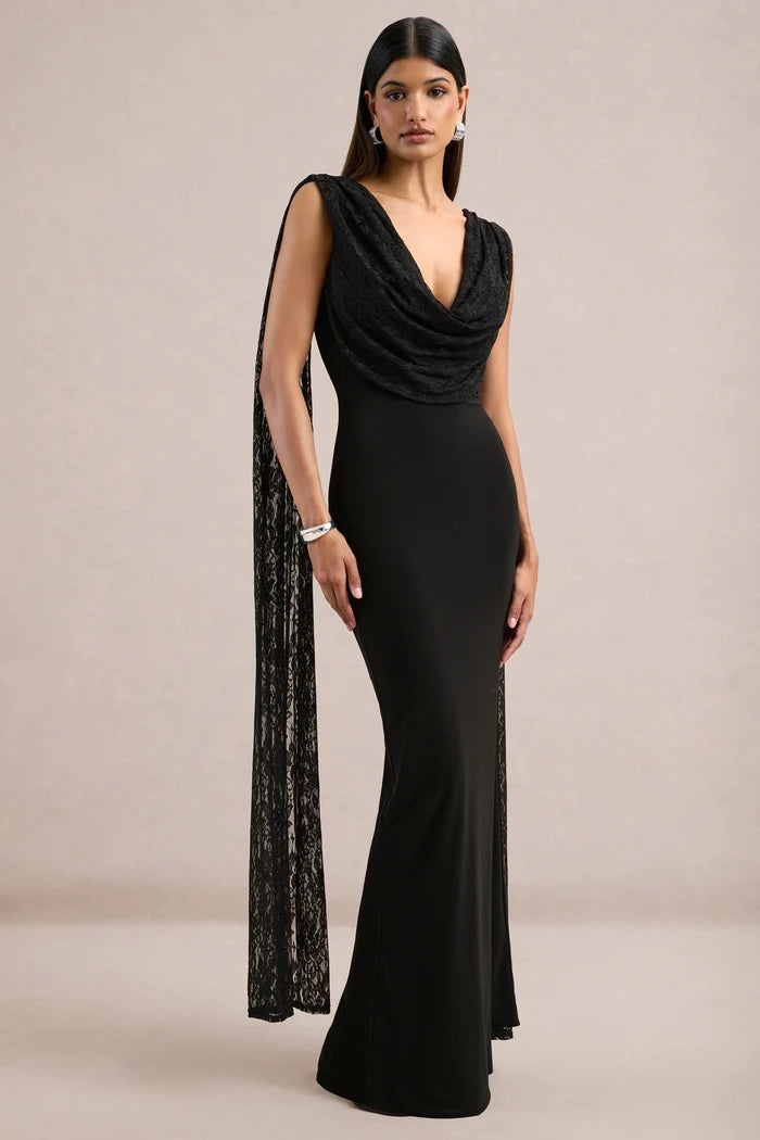 Black Crepe and Lace Sheath Column Cowl Neck V Back Floor Length Dress - Aabei Dress