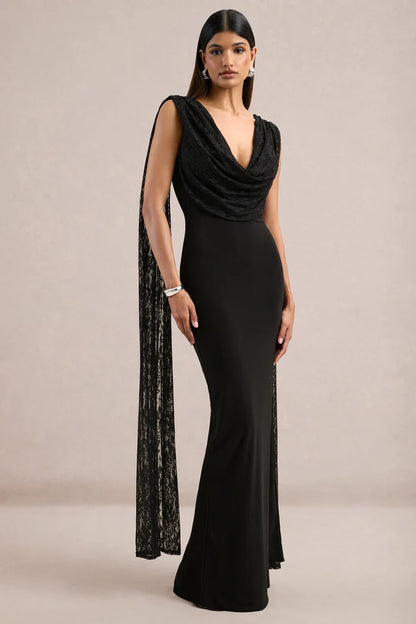 Black Crepe and Lace Sheath Column Cowl Neck V Back Floor Length Dress - Aabei Dress