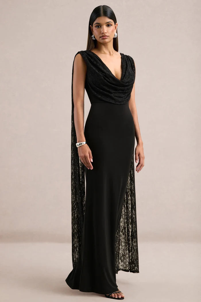 Black Crepe and Lace Sheath Column Cowl Neck V Back Floor Length Dress - Aabei Dress