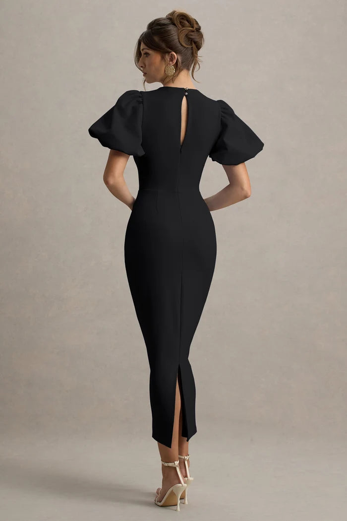Black Crepe Bodycon High Neck Keyhole Back Midi Dress Back View - Aabei Dress