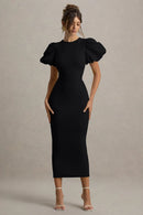 Black Crepe Bodycon High Neck Keyhole Back Midi Dress Front View - Aabei Dress