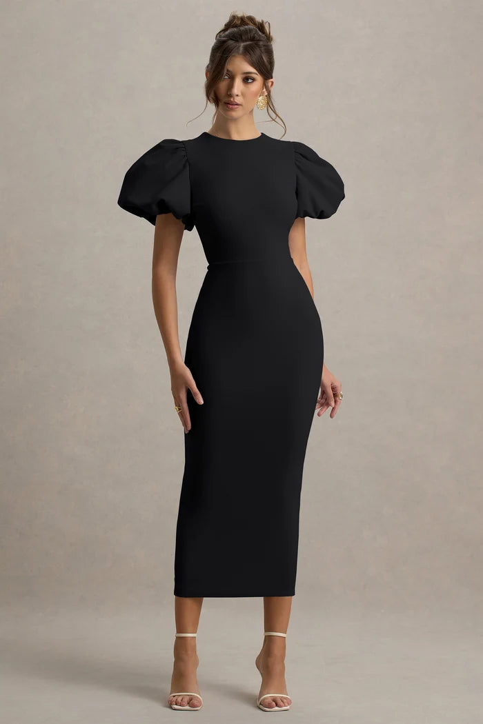 Black Crepe Bodycon High Neck Keyhole Back Midi Dress - Aabei Dress