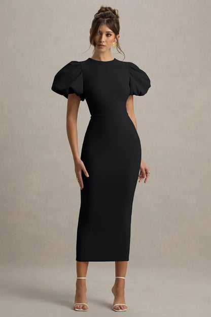 Black Crepe Bodycon High Neck Keyhole Back Midi Dress - Aabei Dress