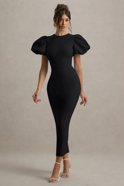 Black Crepe Bodycon High Neck Keyhole Back Midi Dress - Aabei Dress