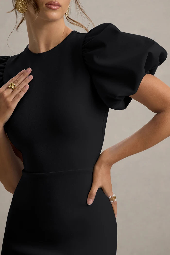 Black Crepe Bodycon High Neck Keyhole Back Midi Dress - Aabei Dress