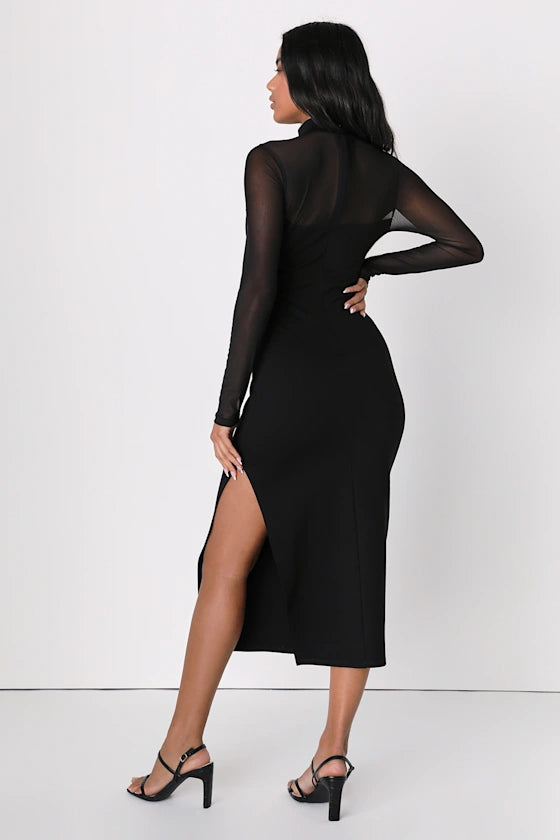Black Crepe & Mesh Bodycon High Neck Zipper Back Midi Dress Back View - Aabei Dress