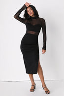 Black Crepe & Mesh Bodycon High Neck Zipper Back Midi Dress Front View - Aabei Dress