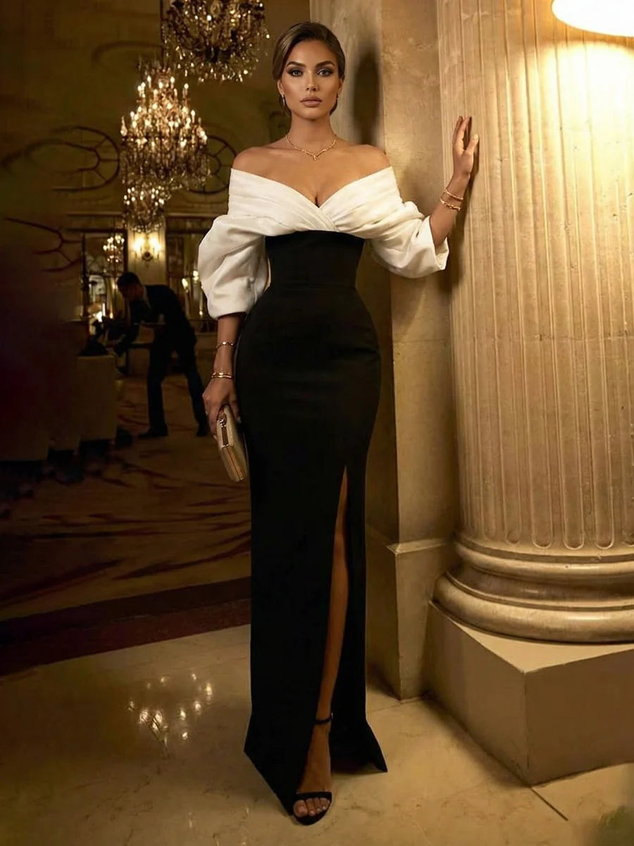Black Crepe sheath-column off-the-shoulder zipper-back floor-length Dress Front View - Aabei Dress