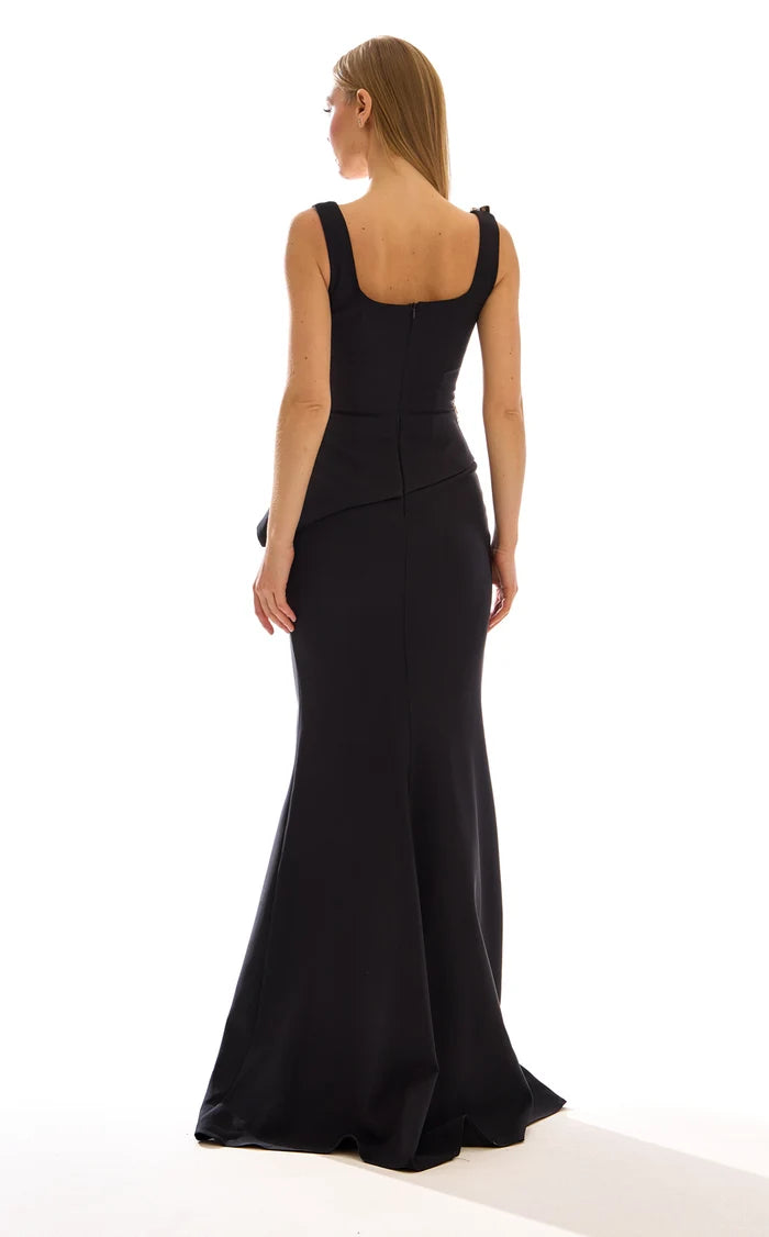 Black Crepe Trumpet Square Neck Zipper Back Floor-Length Dress Back View - Aabei Dress