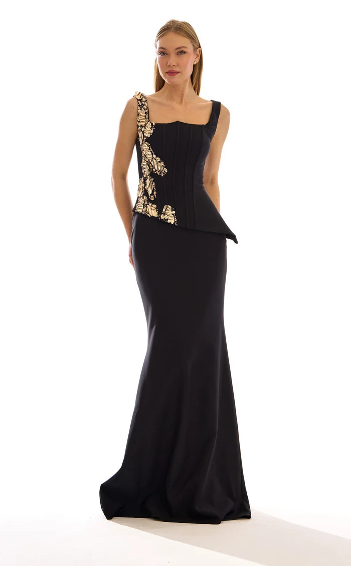 Black Crepe Trumpet Square Neck Zipper Back Floor-Length Dress Front View - Aabei Dress