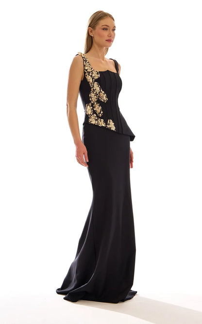 Black Crepe Trumpet Square Neck Zipper Back Floor-Length Dress - Aabei Dress