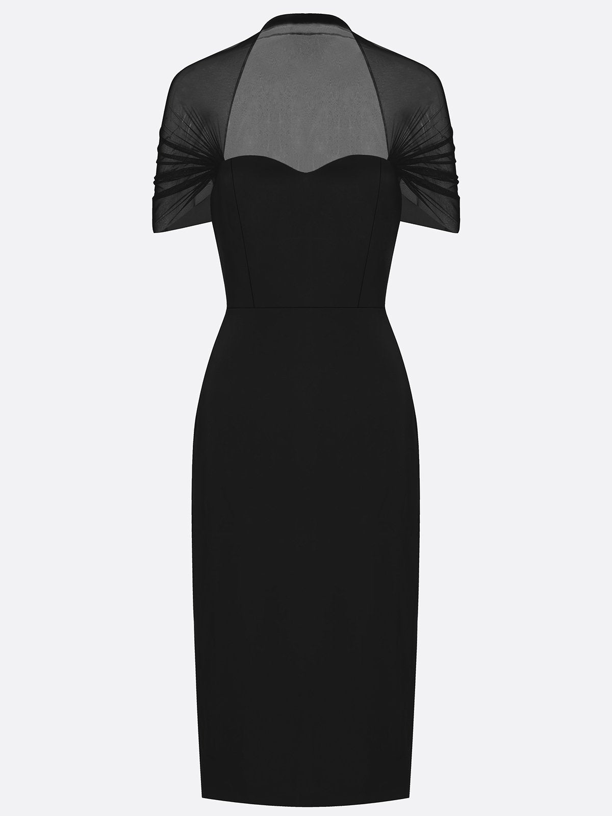 Black Crepe with Mesh Overlay Sheath Column Sweetheart Illusion Back Midi Dress - Aabei Dress