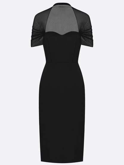 Black Crepe with Mesh Overlay Sheath Column Sweetheart Illusion Back Midi Dress - Aabei Dress