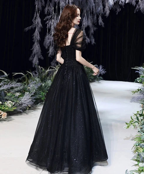 Black Glitter Tulle A-Line Off the Shoulder Lace Up Back Floor-Length Dress Back View - Aabei Dress
