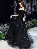 Black Glitter Tulle A-Line Off the Shoulder Lace Up Back Floor-Length Dress Front View - Aabei Dress