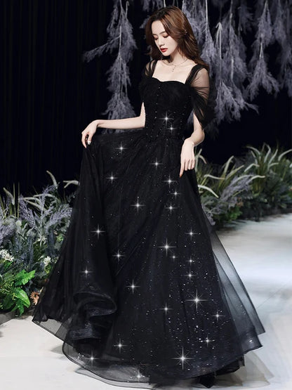 Black Glitter Tulle A-Line Off the Shoulder Lace Up Back Floor-Length Dress Front View - Aabei Dress