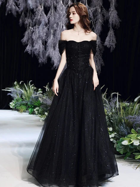 Black Glitter Tulle A-Line Off the Shoulder Lace Up Back Floor-Length Dress - Aabei Dress