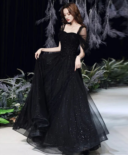 Black Glitter Tulle A-Line Off the Shoulder Lace Up Back Floor-Length Dress - Aabei Dress