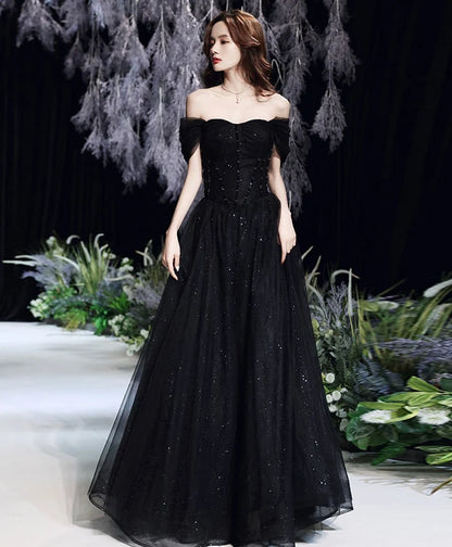 Black Glitter Tulle A-Line Off the Shoulder Lace Up Back Floor-Length Dress - Aabei Dress