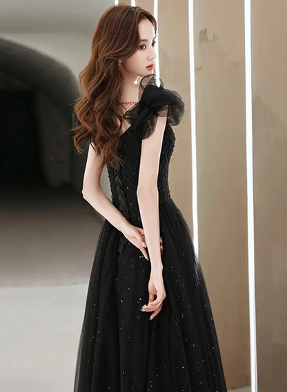 Black Glitter Tulle A-Line Sweetheart Lace-Up Back Floor-Length Dress Back View - Aabei Dress