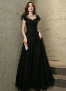 Black Glitter Tulle A-Line Sweetheart Lace-Up Back Floor-Length Dress Front View - Aabei Dress
