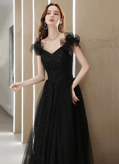 Black Glitter Tulle A-Line Sweetheart Lace-Up Back Floor-Length Dress - Aabei Dress