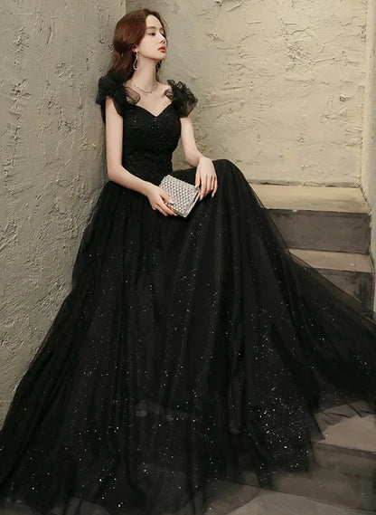 Black Glitter Tulle A-Line Sweetheart Lace-Up Back Floor-Length Dress - Aabei Dress
